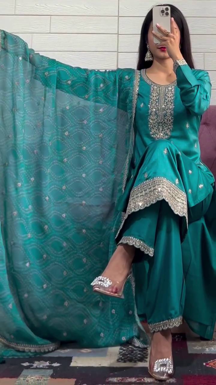 Teal Blue Embroidered Straight Kurta Set with Dupatta