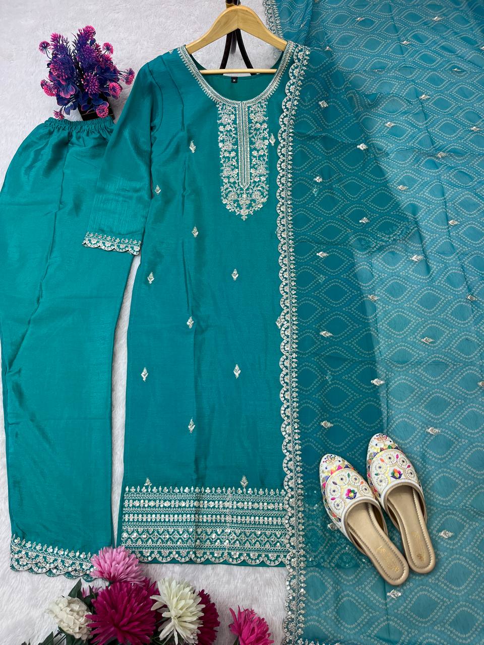 Teal Blue Embroidered Straight Kurta Set with Dupatta