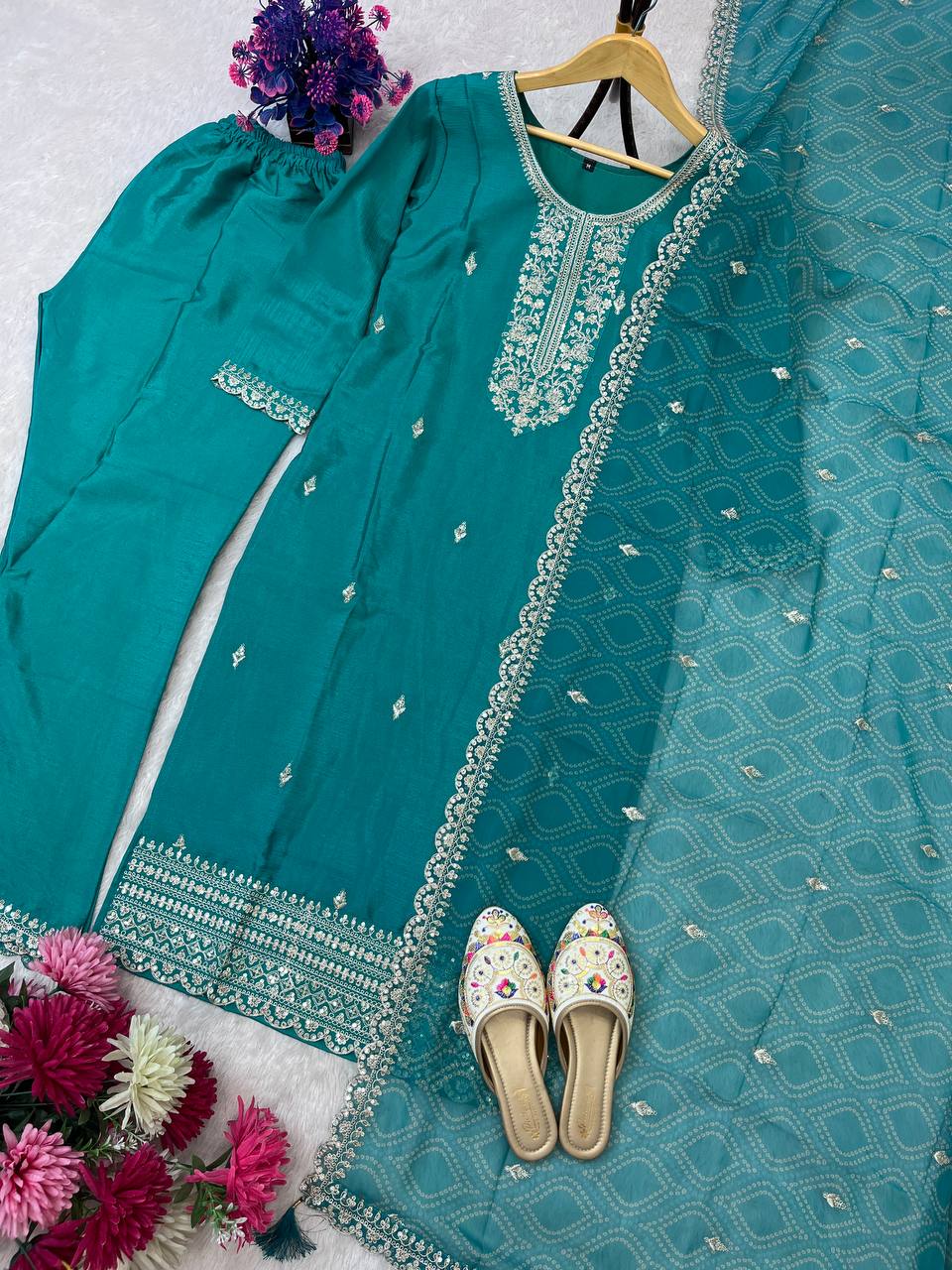 Teal Blue Embroidered Straight Kurta Set with Dupatta