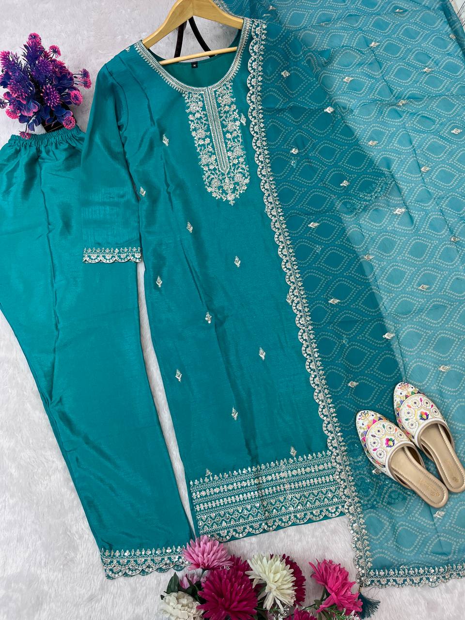 Teal Blue Embroidered Straight Kurta Set with Dupatta