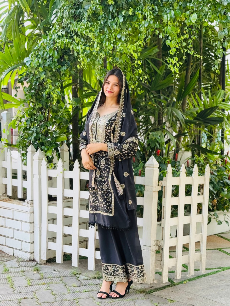Elegant Black Designer Star Fox Georgette Suit with Heavy Sequin Embroidery – Top, Plazzo & Dupatta Set"