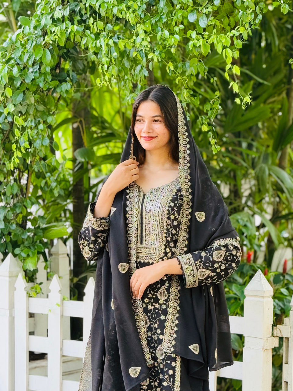 Elegant Black Designer Star Fox Georgette Suit with Heavy Sequin Embroidery – Top, Plazzo & Dupatta Set"