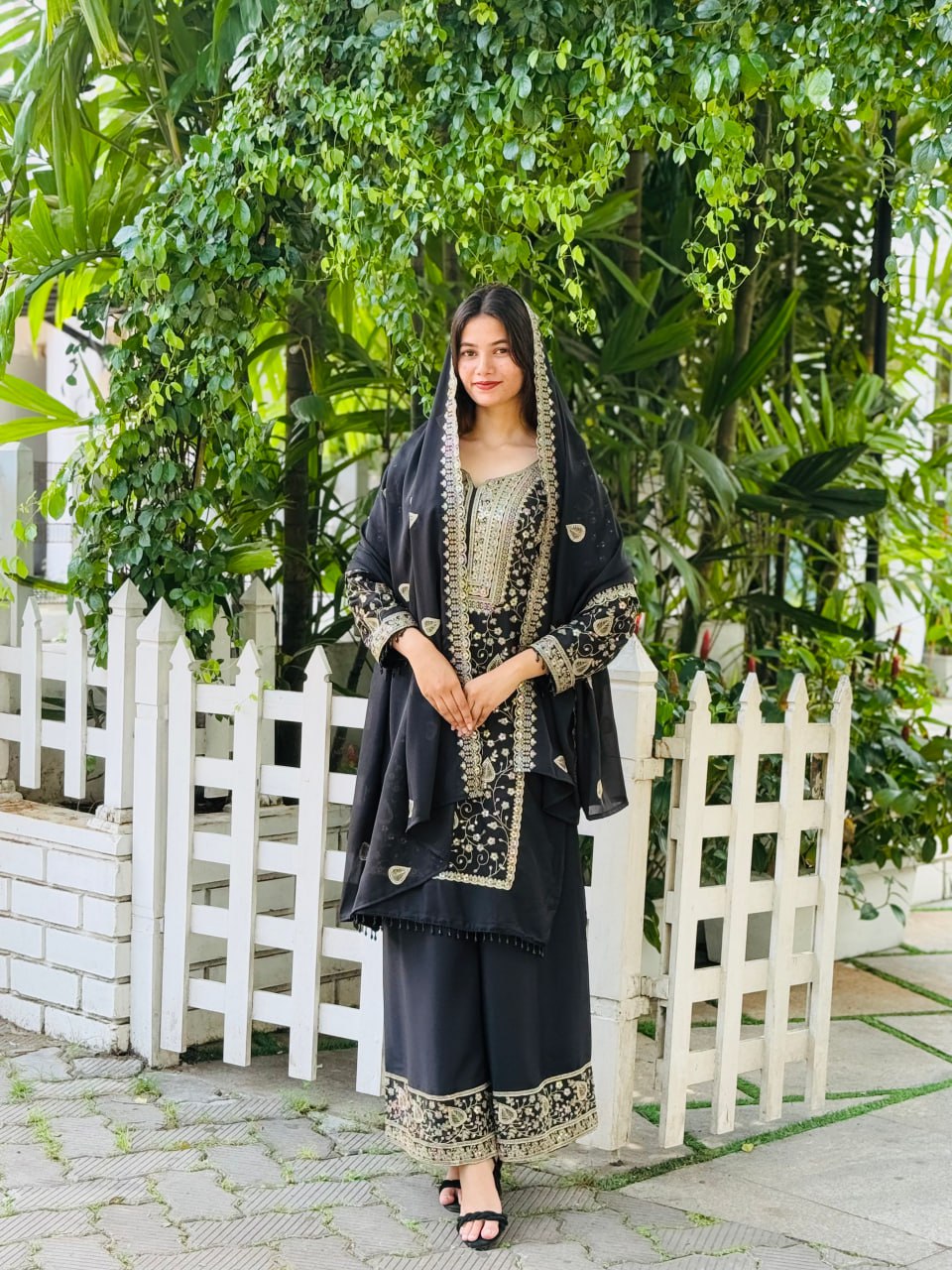Elegant Black Designer Star Fox Georgette Suit with Heavy Sequin Embroidery – Top, Plazzo & Dupatta Set"