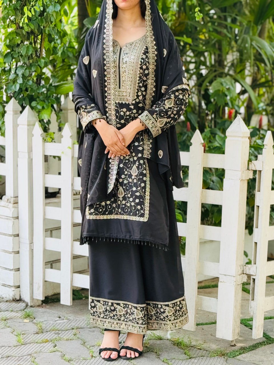 Elegant Black Designer Star Fox Georgette Suit with Heavy Sequin Embroidery – Top, Plazzo & Dupatta Set"