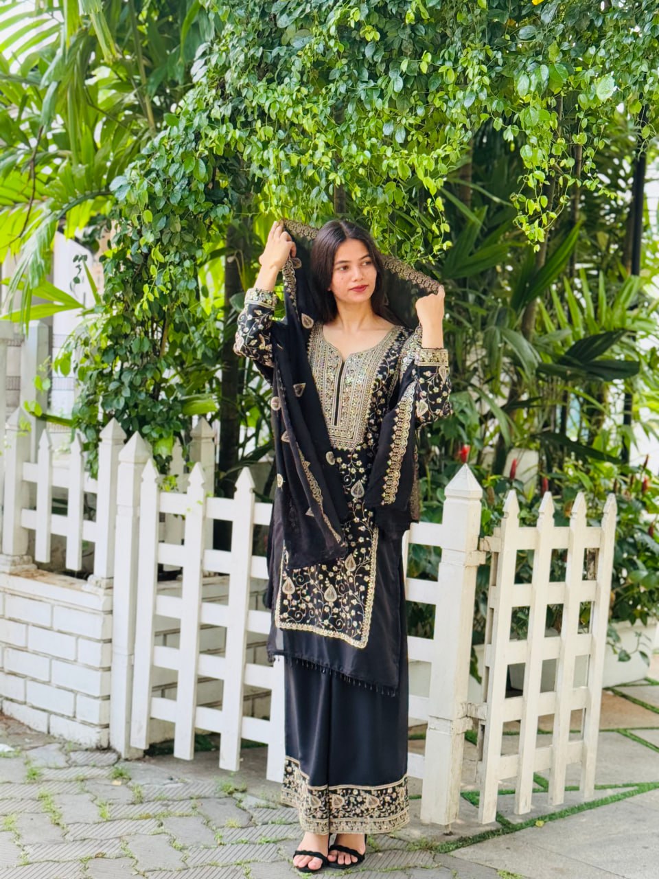 Elegant Black Designer Star Fox Georgette Suit with Heavy Sequin Embroidery – Top, Plazzo & Dupatta Set"