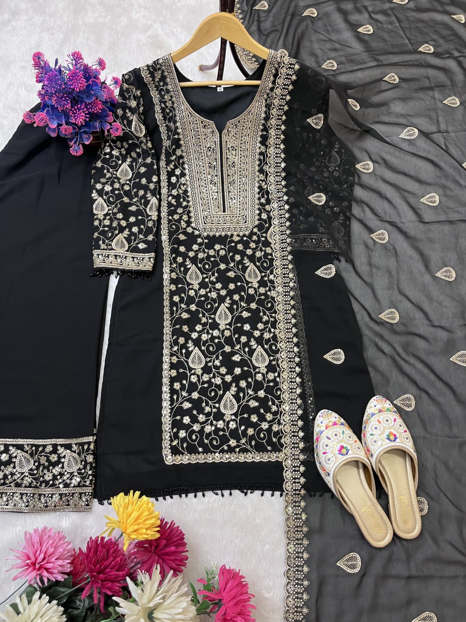 Elegant Black Designer Star Fox Georgette Suit with Heavy Sequin Embroidery – Top, Plazzo & Dupatta Set"
