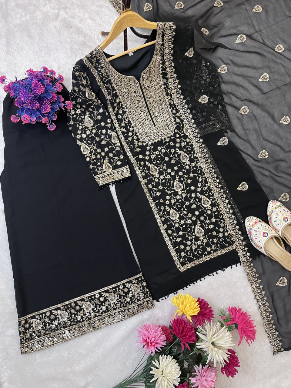 Elegant Black Designer Star Fox Georgette Suit with Heavy Sequin Embroidery – Top, Plazzo & Dupatta Set"