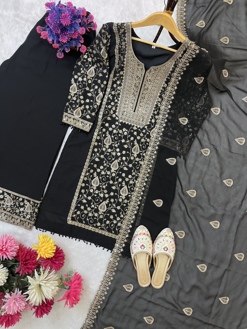 Elegant Black Designer Star Fox Georgette Suit with Heavy Sequin Embroidery – Top, Plazzo & Dupatta Set"