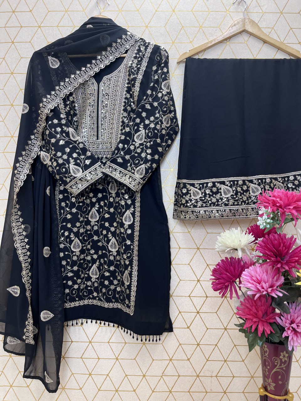 Elegant Black Designer Star Fox Georgette Suit with Heavy Sequin Embroidery – Top, Plazzo & Dupatta Set"