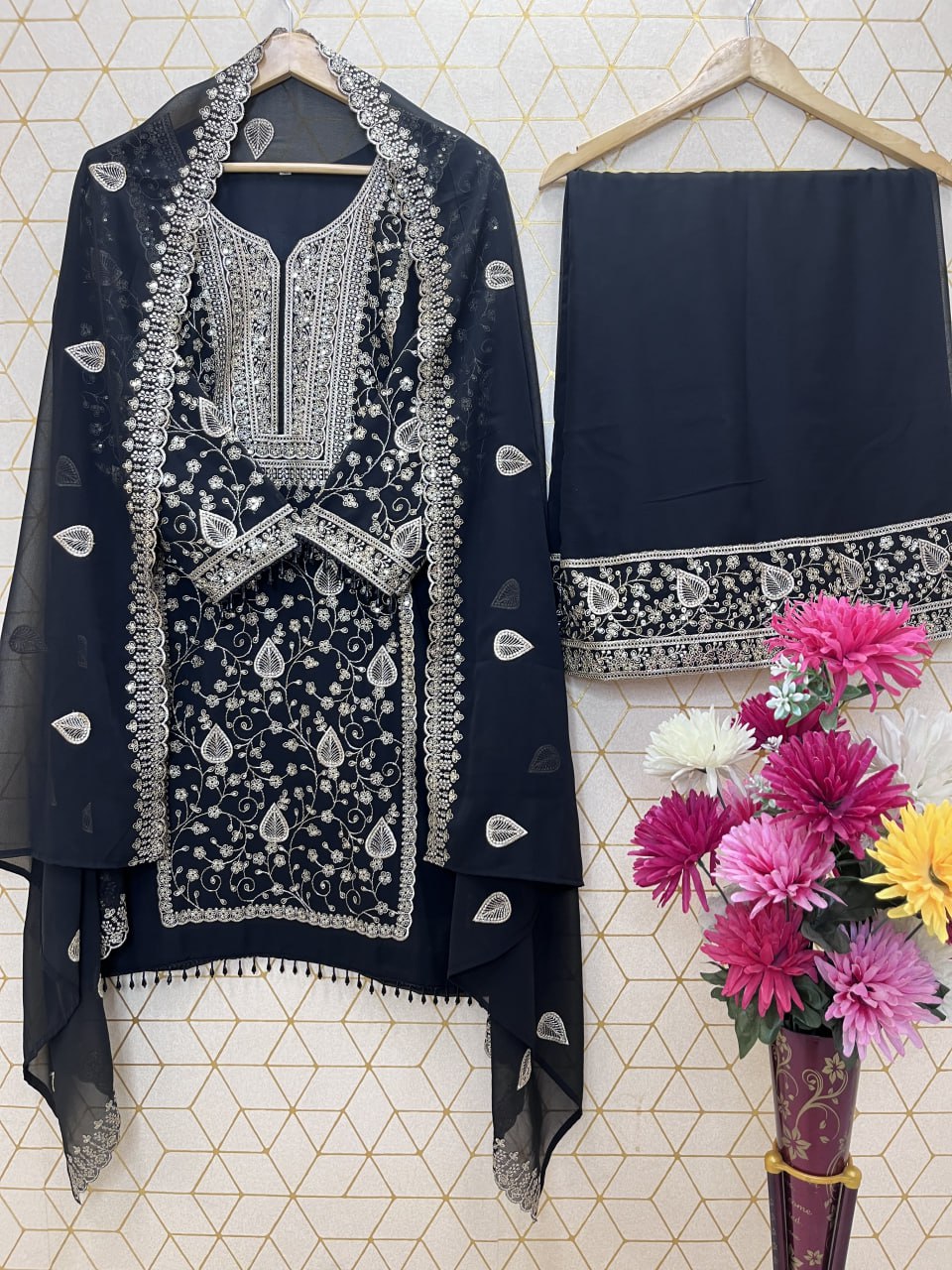 Elegant Black Designer Star Fox Georgette Suit with Heavy Sequin Embroidery – Top, Plazzo & Dupatta Set"