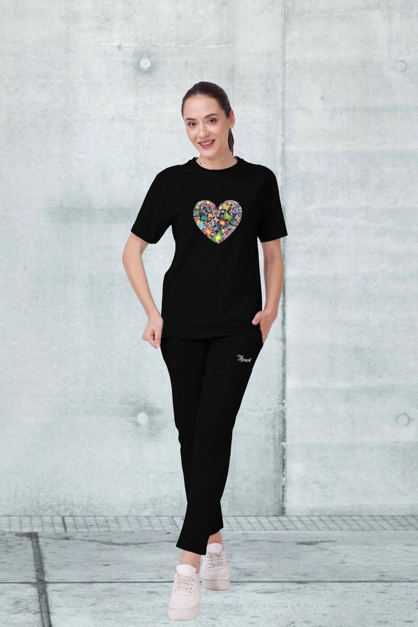 🖤 100% Cotton Ladies Nightwear Set – Floral Heart Design 🌸 | Comfort Fit with Pockets | M to XXL