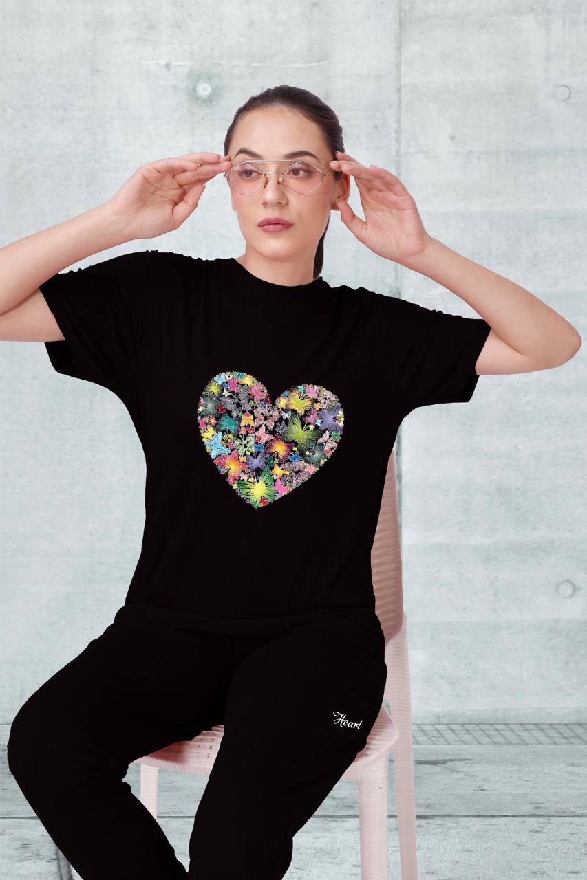🖤 100% Cotton Ladies Nightwear Set – Floral Heart Design 🌸 | Comfort Fit with Pockets | M to XXL