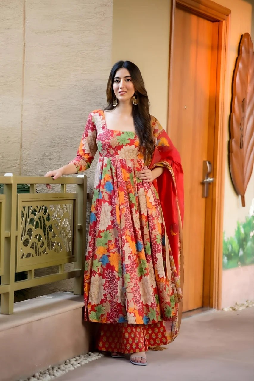 Floral Bloom Muslin Cotton Anarkali Set with Printed Chanderi Dupatta