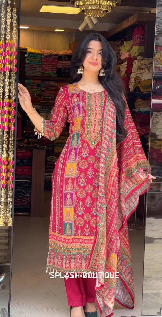 Chic Maslin Printed Suit Set with Heavy Mirror Work & Roman Silk Pants – Fully Stitched
