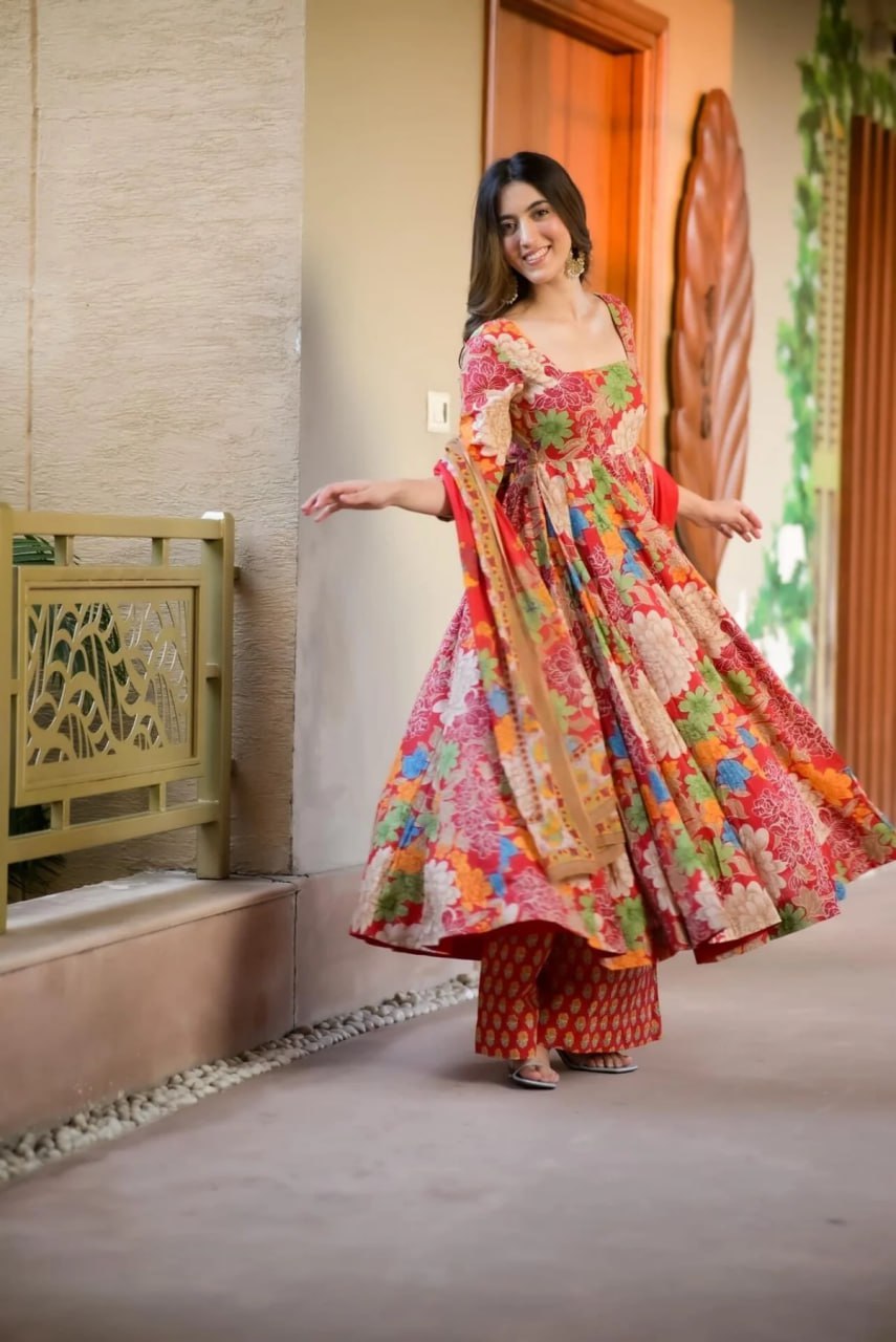 Floral Bloom Muslin Cotton Anarkali Set with Printed Chanderi Dupatta