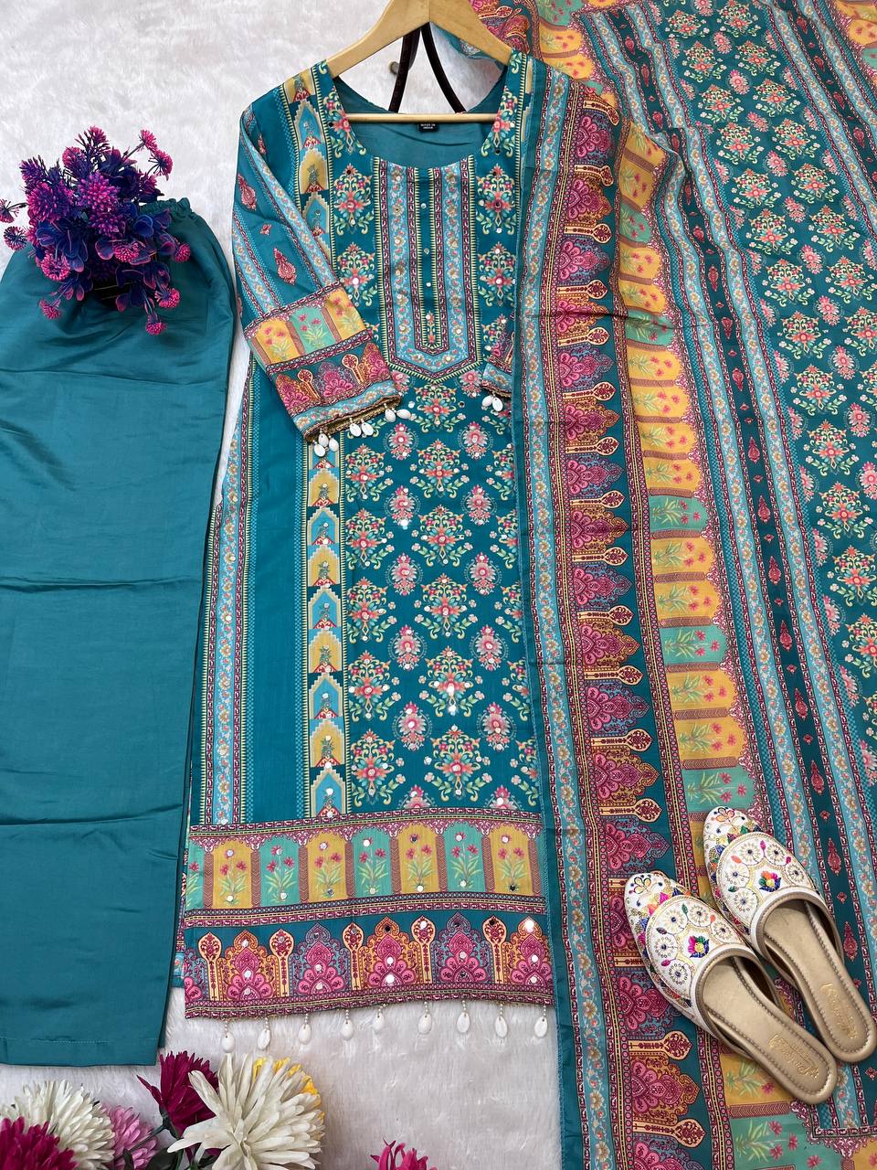 Elegant Maslin Digital Print Suit Set with Mirror Work & Roman Silk Pants – Fully Stitched