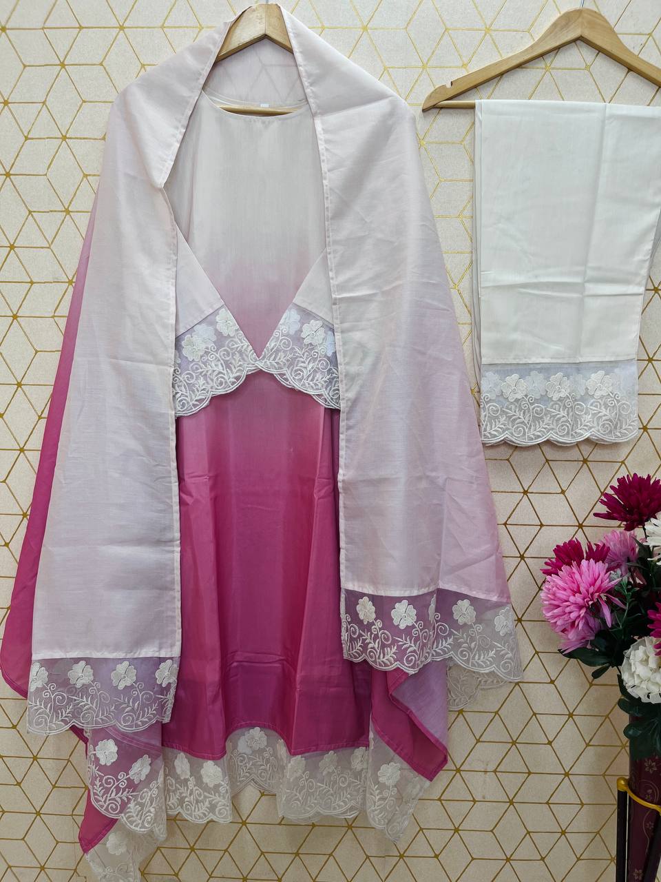 Graceful Maslin Lace Suit Set with Digital Print – Soft Pink & Ivory | Fully Stitched