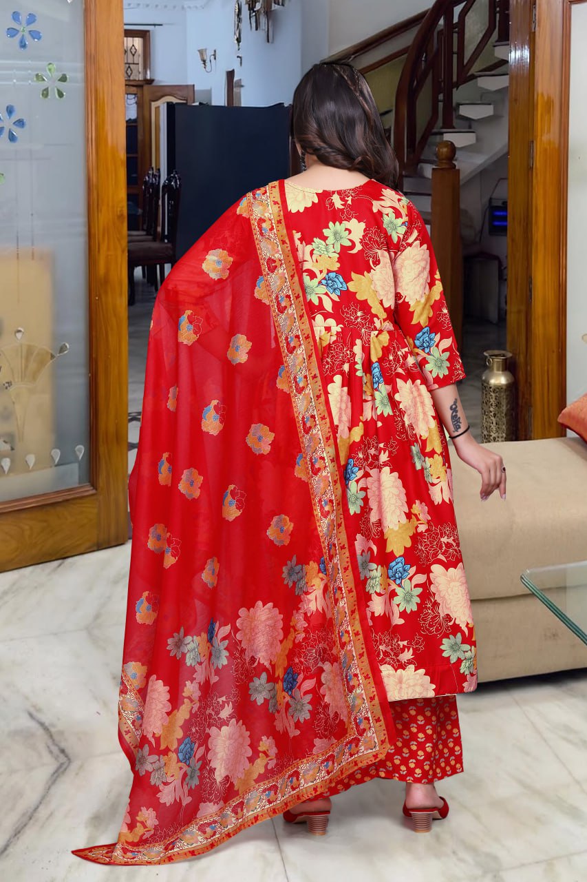 Floral Bloom Muslin Cotton Anarkali Set with Printed Chanderi Dupatta