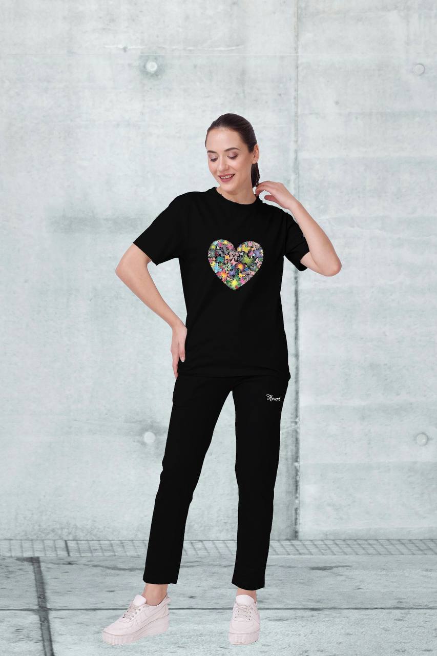 🖤 100% Cotton Ladies Nightwear Set – Floral Heart Design 🌸 | Comfort Fit with Pockets | M to XXL