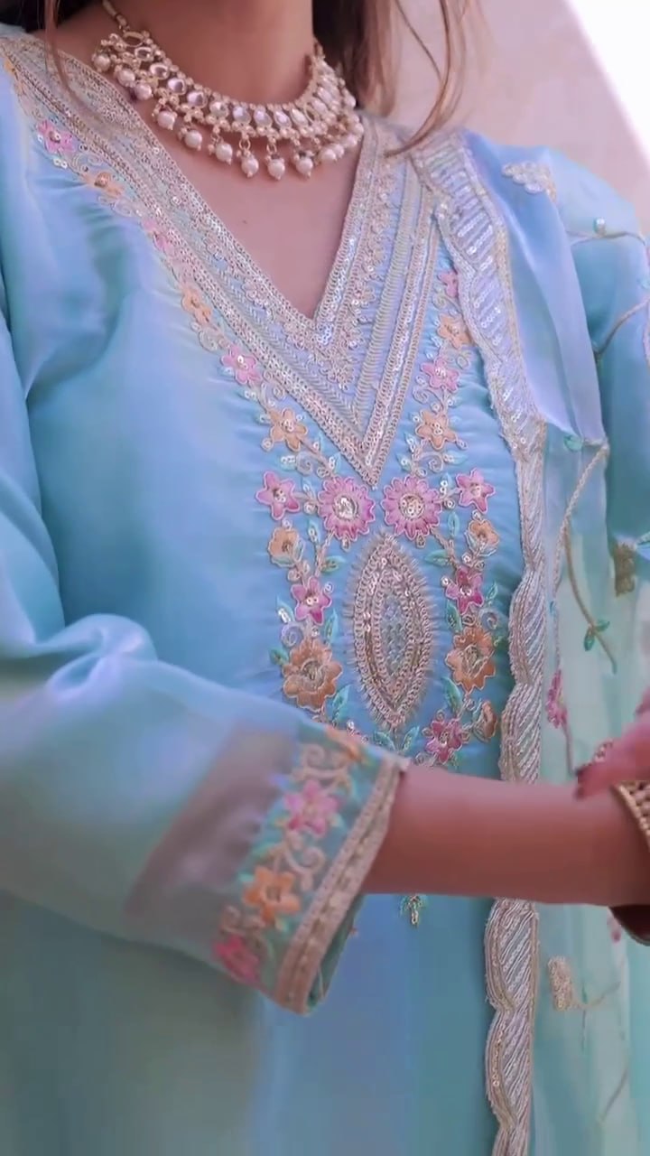 Luxurious Sky Blue Jimmy Choo Silk Suit Set with Heavy Embroidery & Sequence Work – Fully Stitched