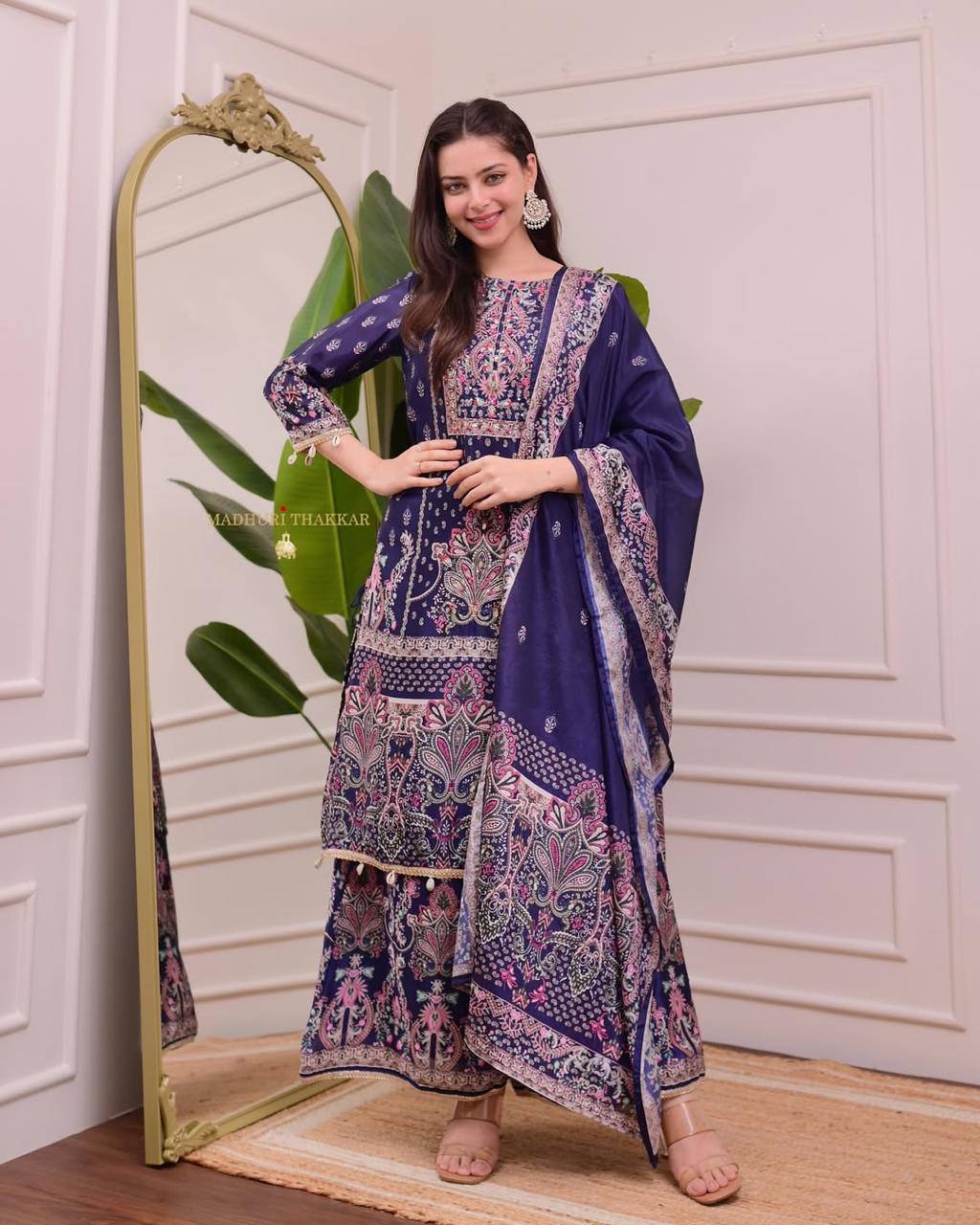 Elegant Pure Chinon Silk Digital Printed Suit Set with Dupatta – Handworked Latkan Detailing