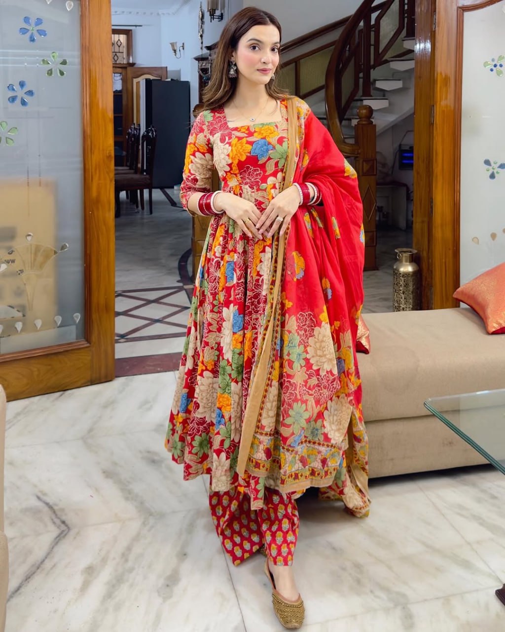 Floral Bloom Muslin Cotton Anarkali Set with Printed Chanderi Dupatta