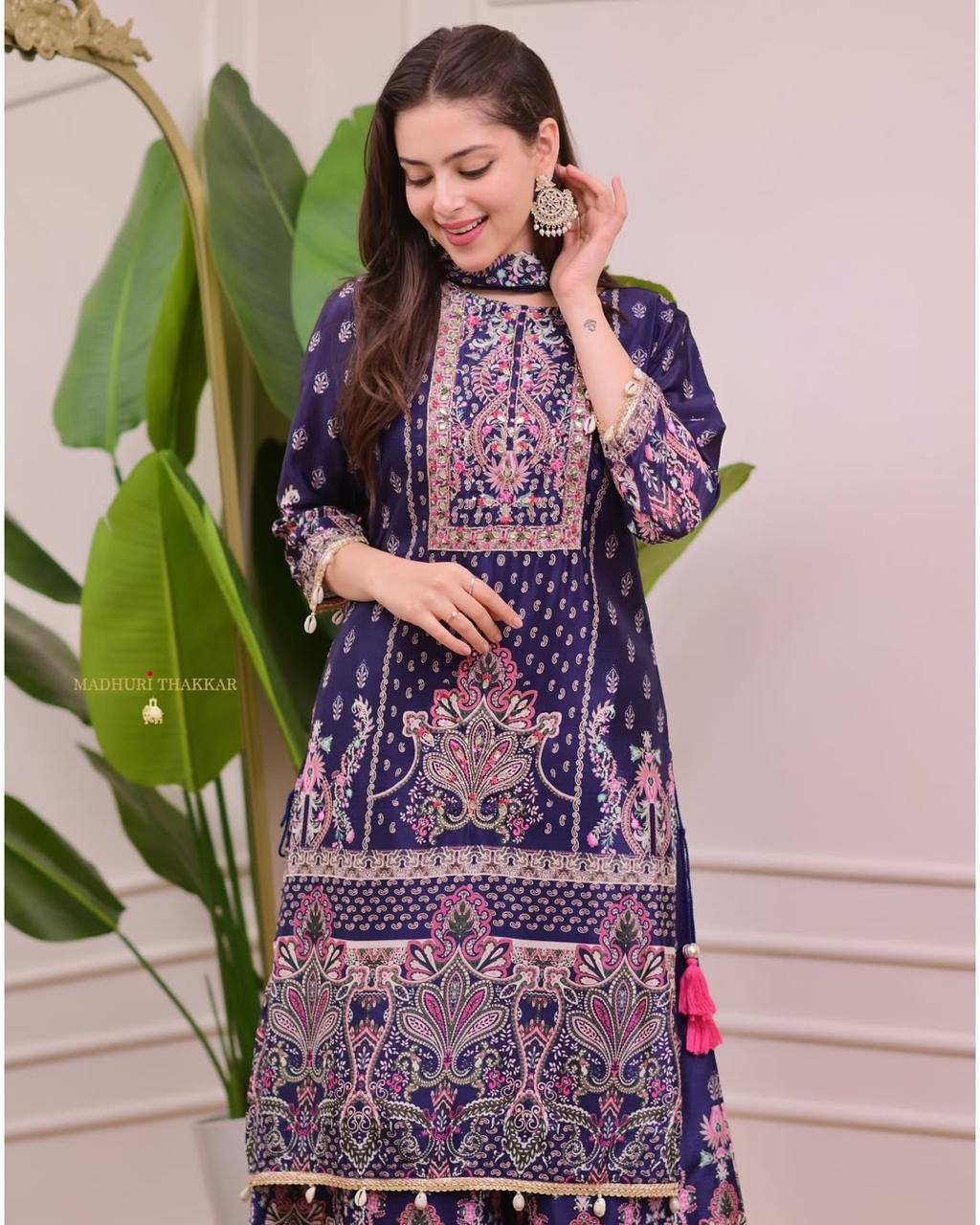 Elegant Pure Chinon Silk Digital Printed Suit Set with Dupatta – Handworked Latkan Detailing