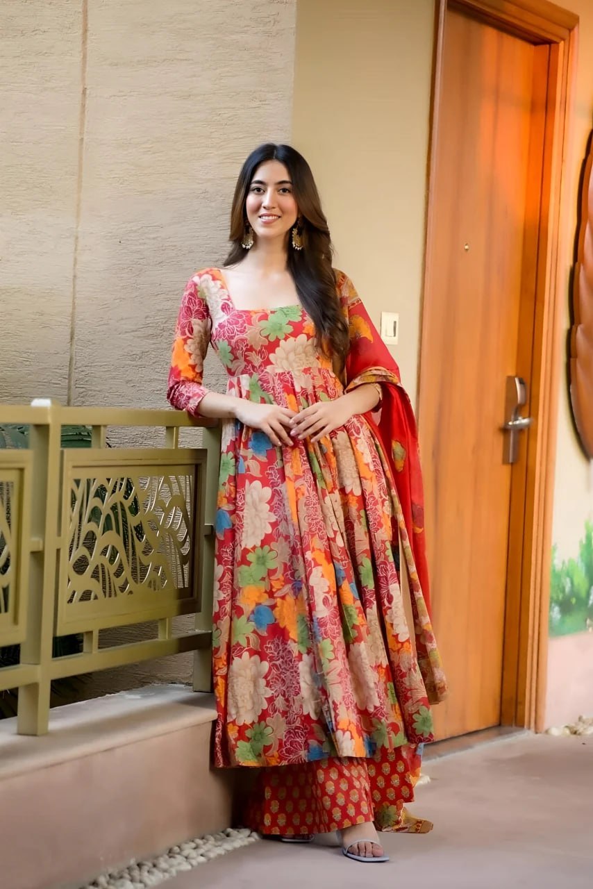 Floral Bloom Muslin Cotton Anarkali Set with Printed Chanderi Dupatta