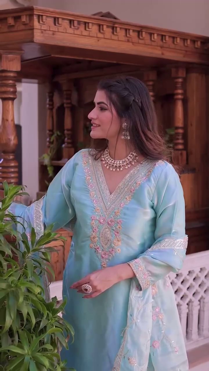 Elegant Peach Jimmy Choo Silk Embroidered Suit Set with Heavy Sequence Work – Fully Stitched