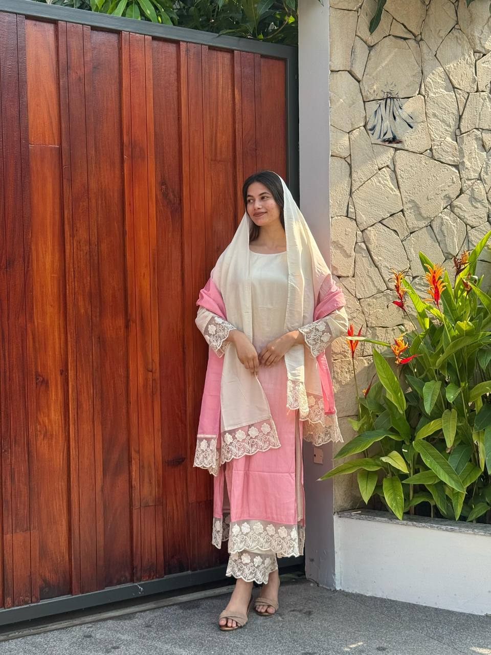 Graceful Maslin Lace Suit Set with Digital Print – Soft Pink & Ivory | Fully Stitched