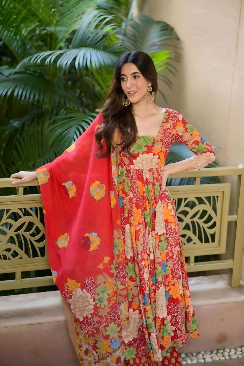 Floral Bloom Muslin Cotton Anarkali Set with Printed Chanderi Dupatta