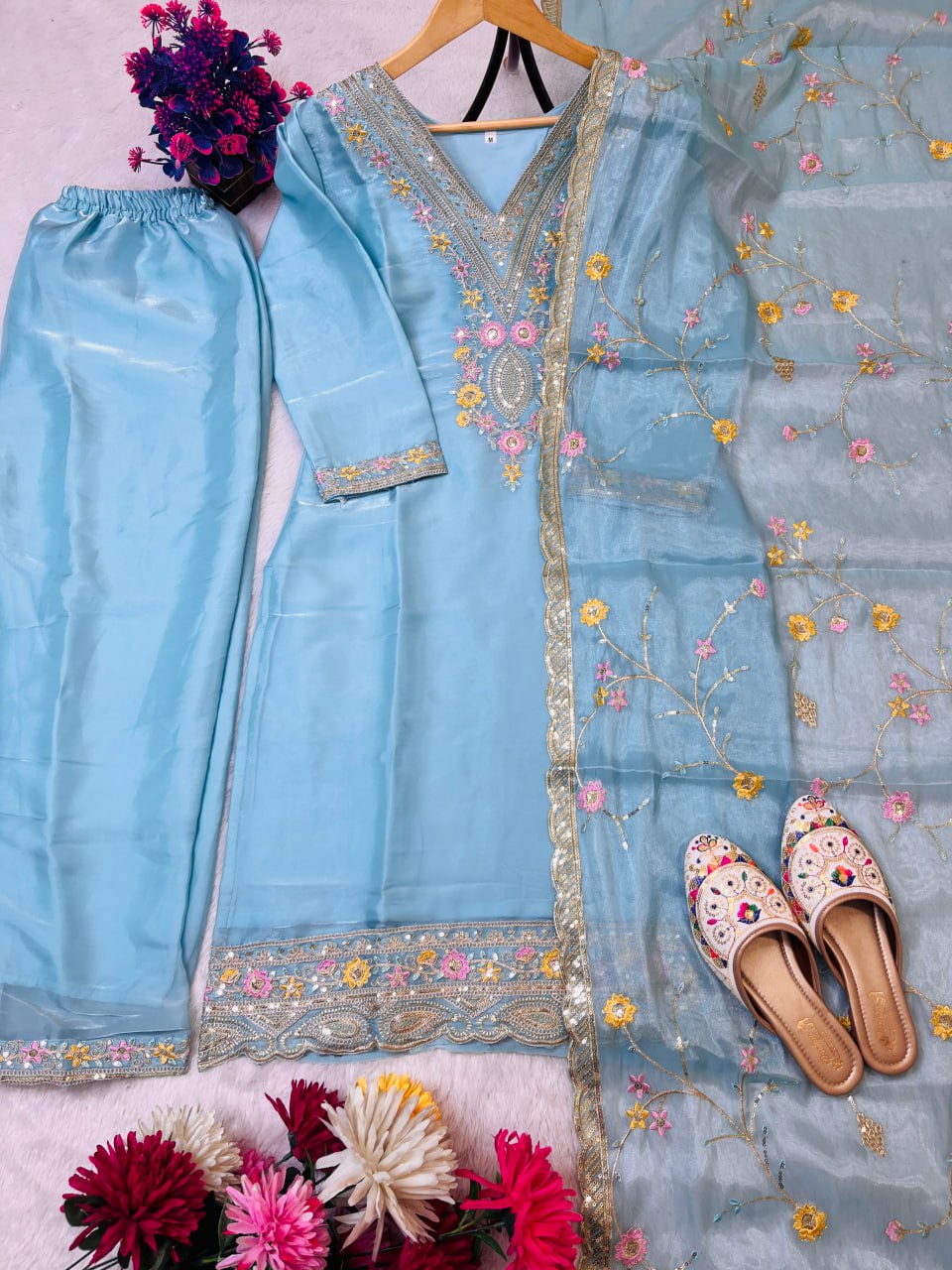 Luxurious Sky Blue Jimmy Choo Silk Suit Set with Heavy Embroidery & Sequence Work – Fully Stitched