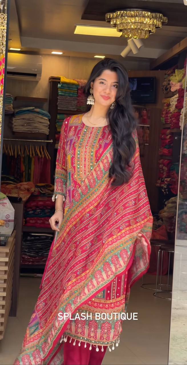 Chic Maslin Printed Suit Set with Heavy Mirror Work & Roman Silk Pants – Fully Stitched