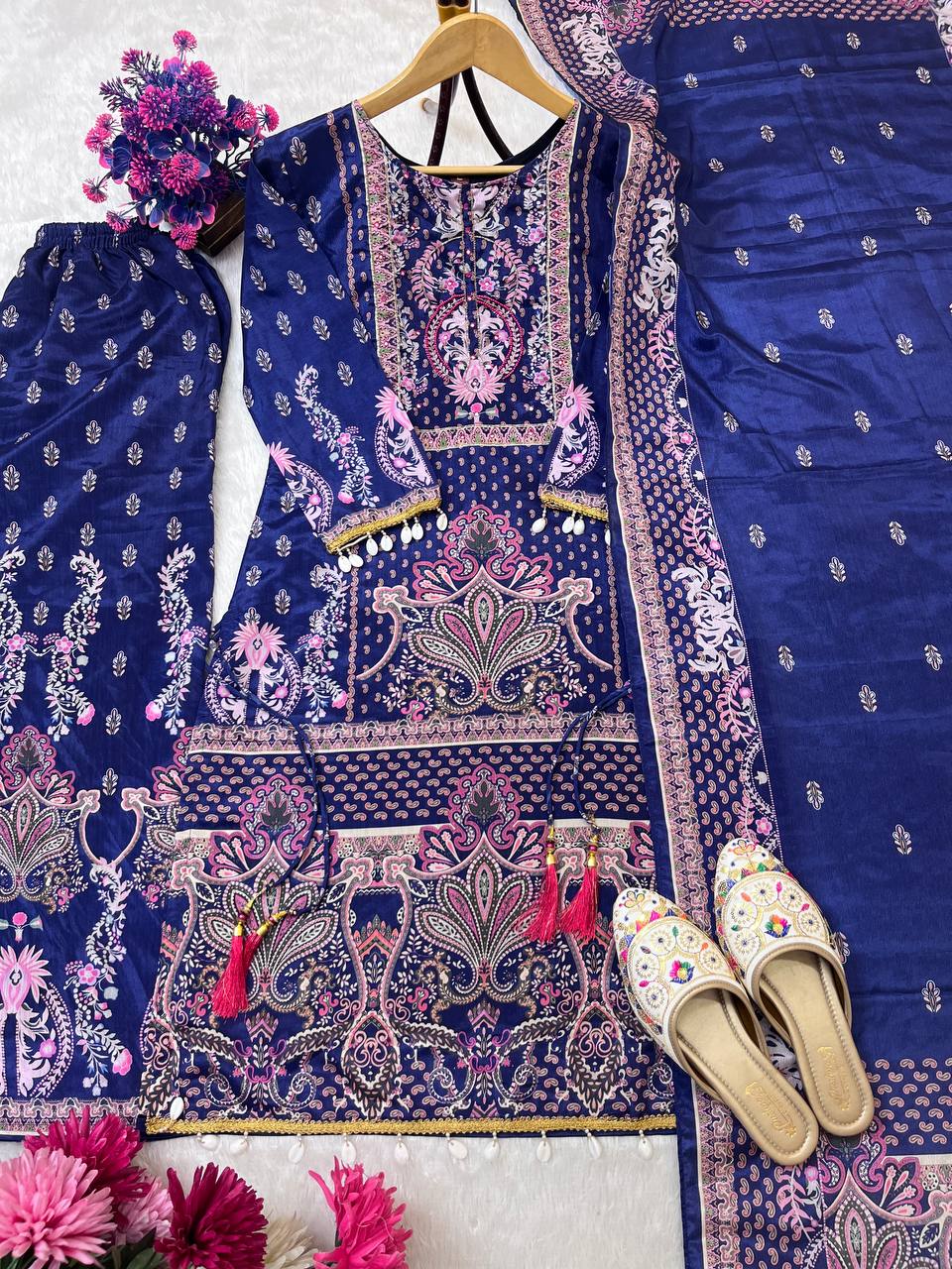 Elegant Pure Chinon Silk Digital Printed Suit Set with Dupatta – Handworked Latkan Detailing
