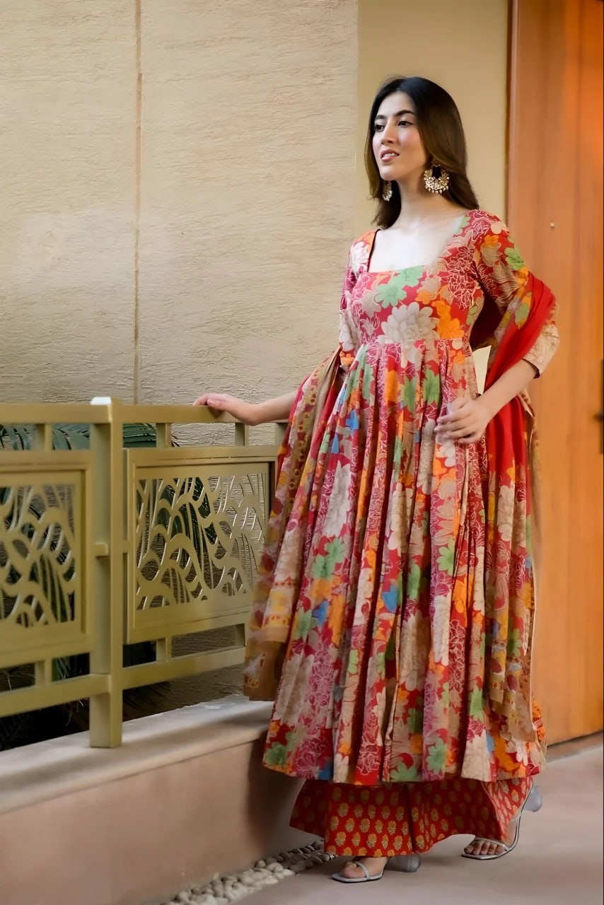 Floral Bloom Muslin Cotton Anarkali Set with Printed Chanderi Dupatta