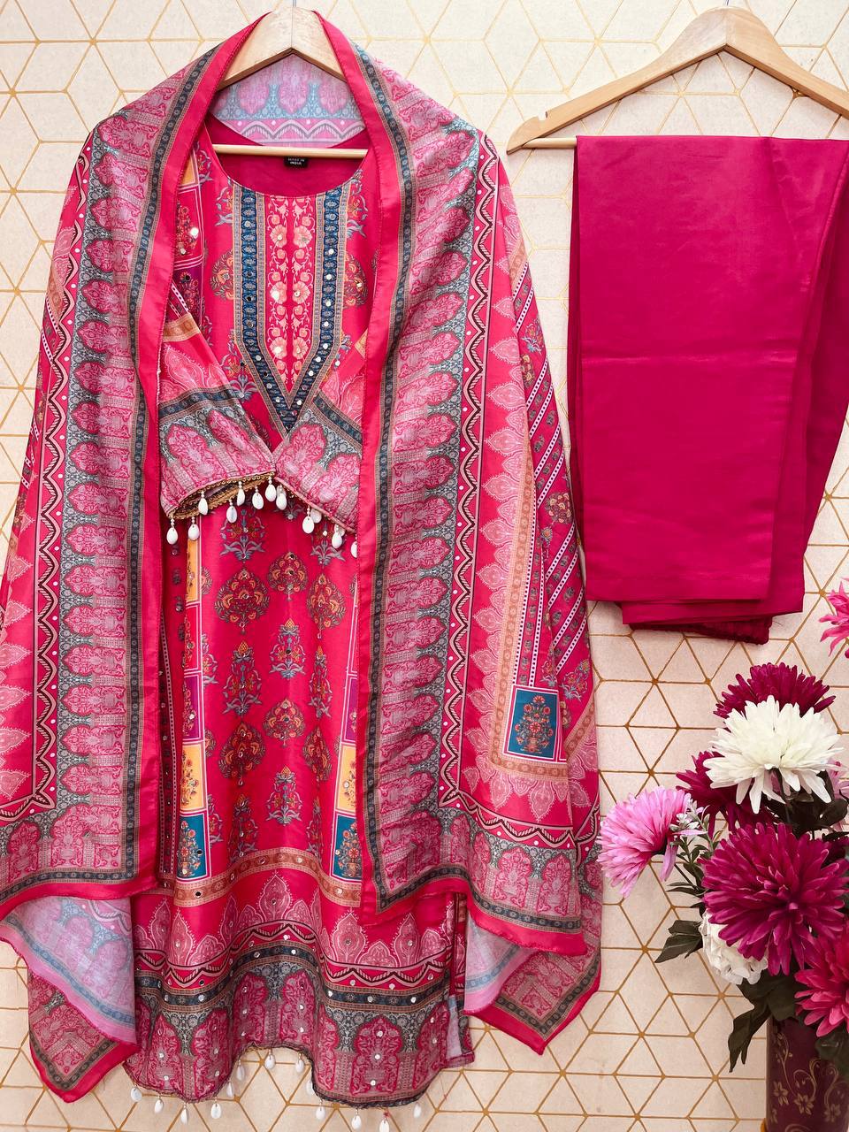 Chic Maslin Printed Suit Set with Heavy Mirror Work & Roman Silk Pants – Fully Stitched