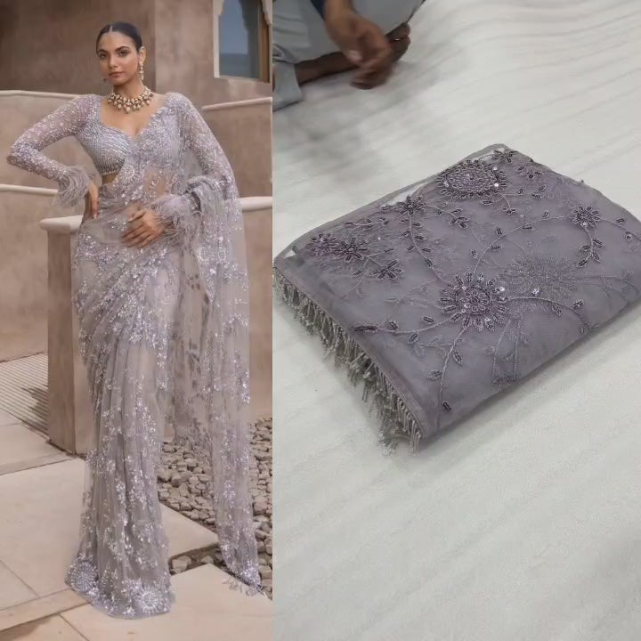 Women's Designer Grey Net Saree with Full Sleeve Embellished Blouse – Sequined Wedding & Partywear Saree