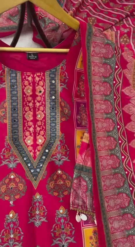 Chic Maslin Printed Suit Set with Heavy Mirror Work & Roman Silk Pants – Fully Stitched