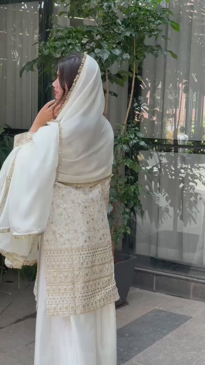 Graceful White Embroidered Chinon Silk Plazo Suit Set with Lace Dupatta