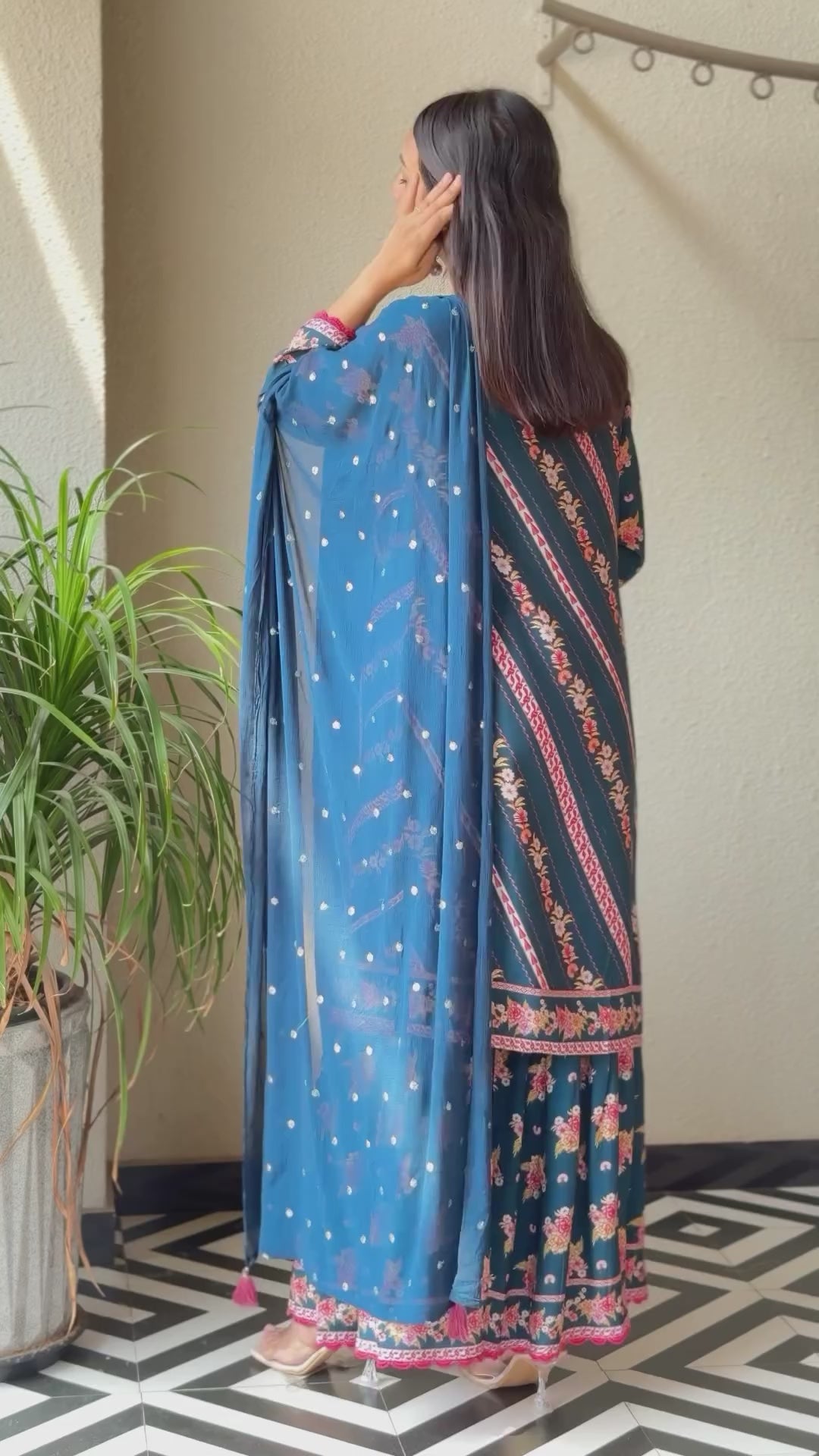 Floral Navy Blue Printed Reyon Suit Set with Embroidered Dupatta – Fully Stitched