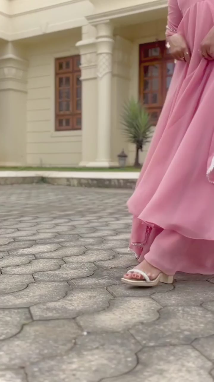 Blush Pink Georgette Anarkali Suit Set with Mirror Work & Palazzo – Full Stitched