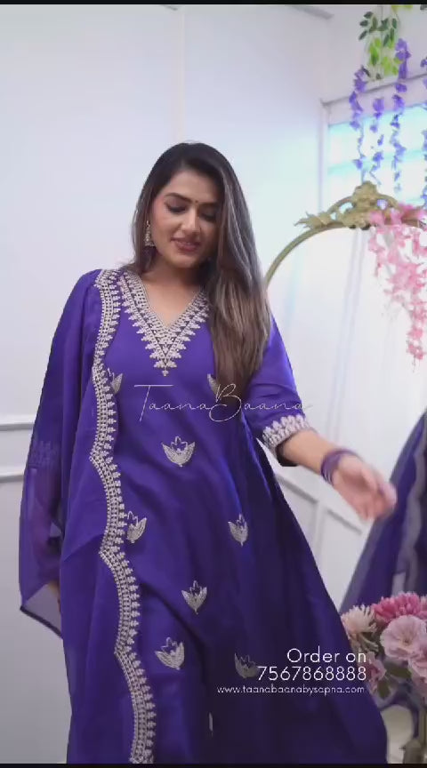 Royal Purple Embroidered PV Chanderi Flared Gown Set with Dupatta
