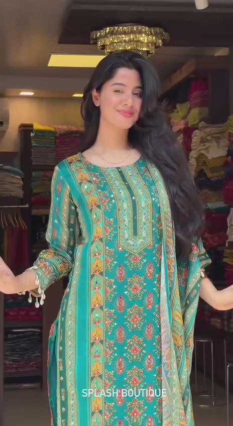Elegant Maslin Digital Print Suit Set with Mirror Work & Roman Silk Pants – Fully Stitched
