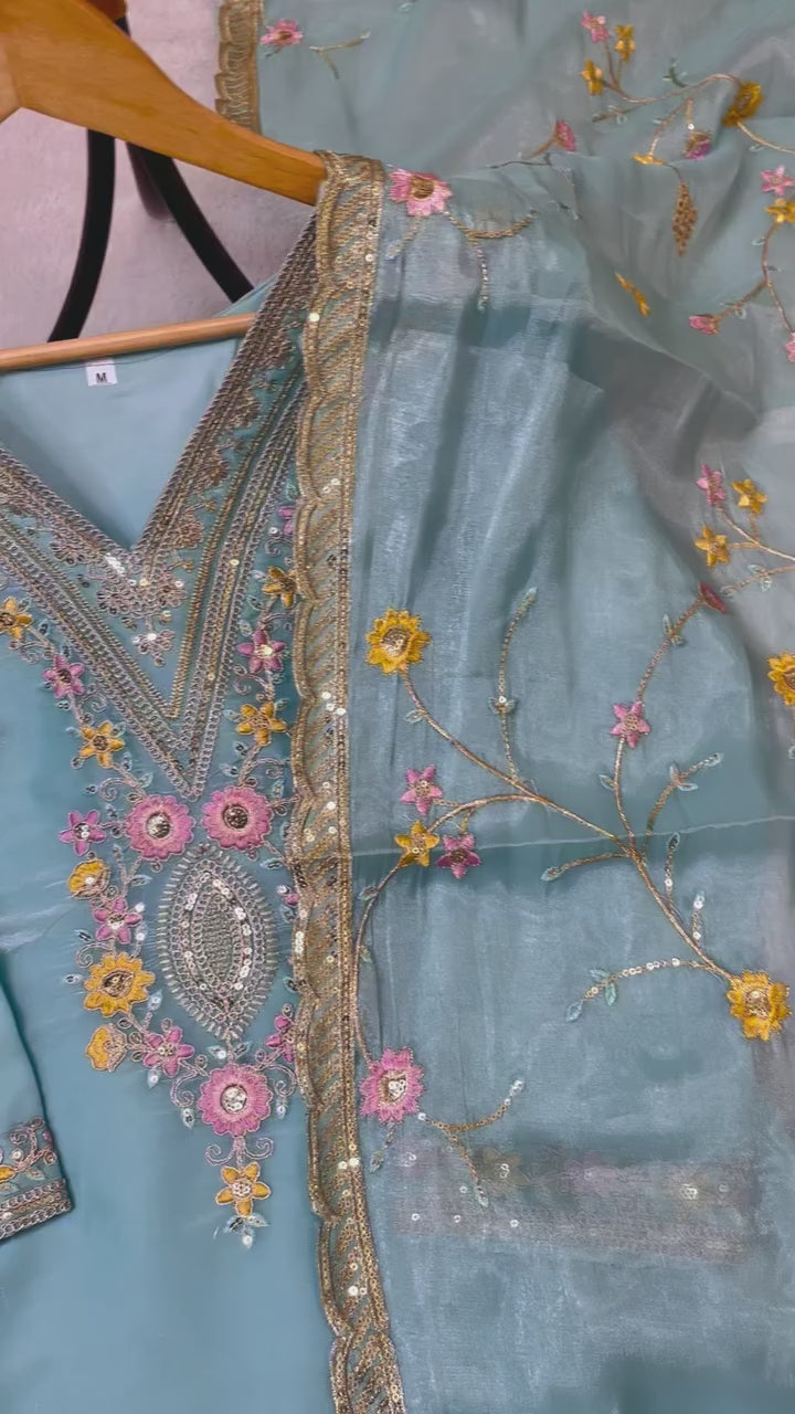 Elegant Peach Jimmy Choo Silk Embroidered Suit Set with Heavy Sequence Work – Fully Stitched