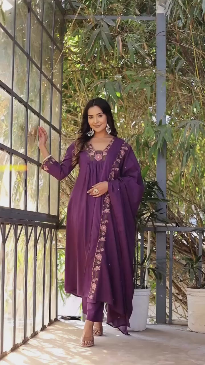 Purple Soft Rayon Slub Anarkali Kurti Set with Embroidered Dupatta – Elegant Ethnic Wear
