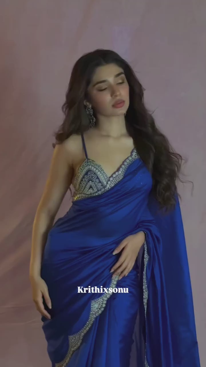 Elegant Royal Blue Satin Saree with Sequin Detailing