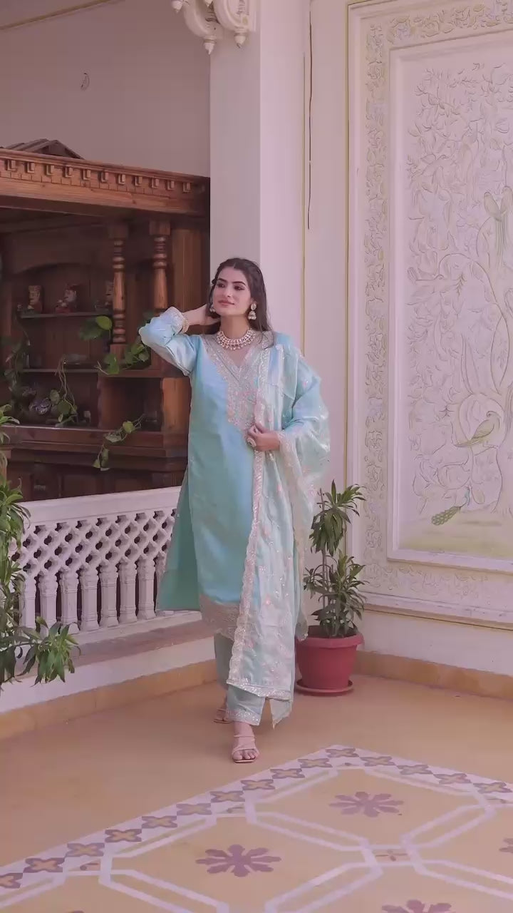 Elegant Peach Jimmy Choo Silk Embroidered Suit Set with Heavy Sequence Work – Fully Stitched