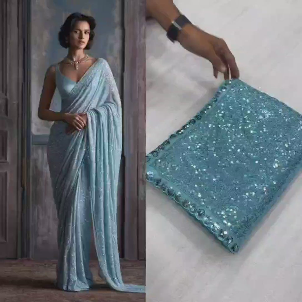Glamorous Teal Blue Sequin Saree with Matching Blouse Piece