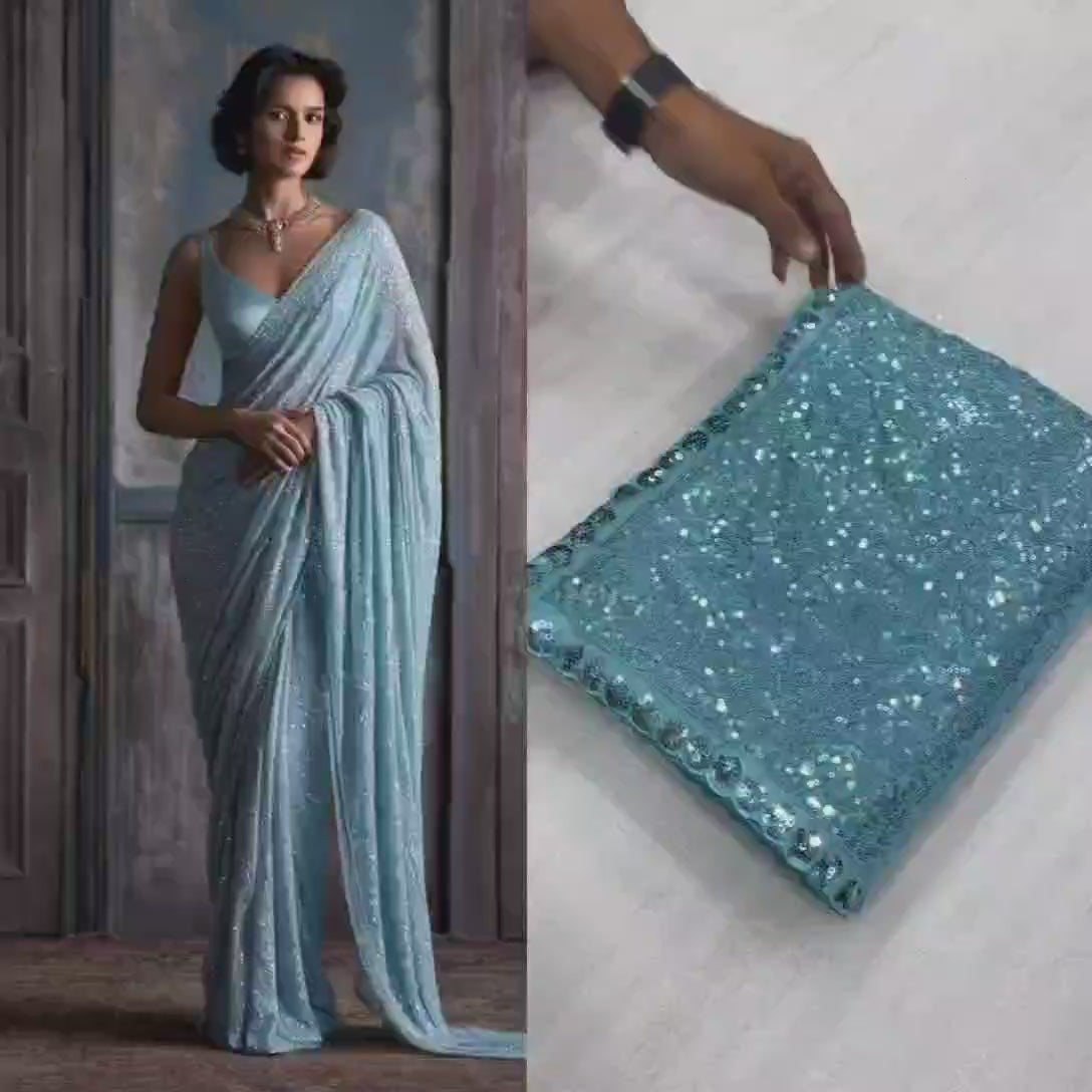 Glamorous Teal Blue Sequin Saree with Matching Blouse Piece