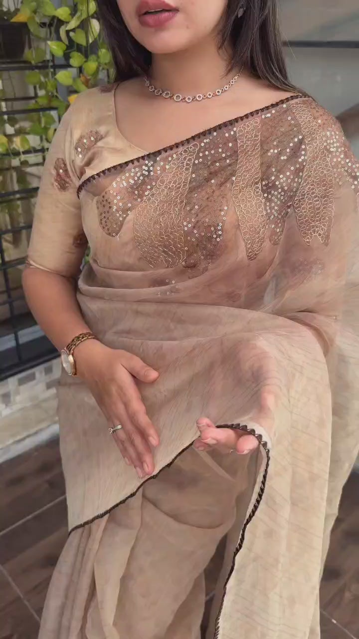 🌸Dusty Rose Embroidered Linen Saree with Sequin & Thread Work – Elegant Party & Festive Wear🌸